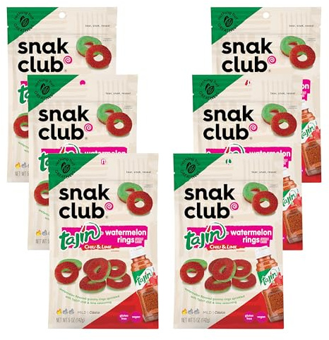 Snak Club Tajin Anneaux de pastèque, collations gélifiées sucrées et épicées au chili et au citron vert, douces en chaleur et saveur audacieuse, collation sans gluten, sac refermable de 141,7 g