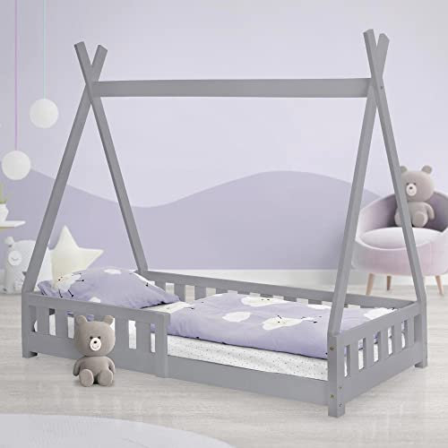 ML-Design Kinderbett Tipi 80x160 cm Hellgrau mit Rausfallschutz und Lattenrost, Kiefernholz, Indianer Bett für Mädchen & Jungen, Hausbett mit Zaun, Bodenbett Kinderhaus Jugendbett Spielbett Zelt