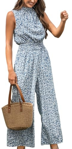 CUPSHE Floral Jumpsuits for Women Dressy with Pocket Mock Neck Wide Leg Business Casual Summer Maxi Long Romper Holiday Wedding Guest Jumpsuit Blue S