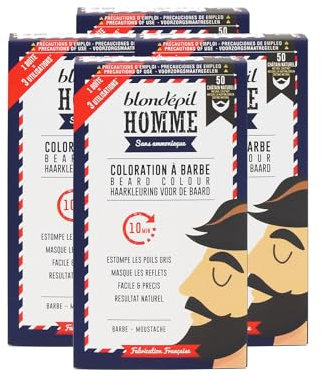 Blondépil Homme - Teinture barbe & moustache châtain naturel numéro 50, Coloration sans ammoniaque, Facile et Rapide, Résultat uniforme & naturel, Made in France,Tube de 20ml, 1 flacon 40ml, Lot de 4
