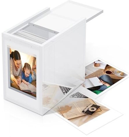 DEXLALA Caja de almacenamiento de fotos, marco acrílico y organizador de 50 fotos con tapa deslizante, color blanco