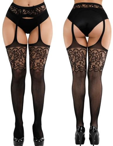 Xumann 2PCS Crotchless Tights Women, Patterned Mock Suspender Stockings UK, Garter Sexy Open Gusset Tights (One Size)