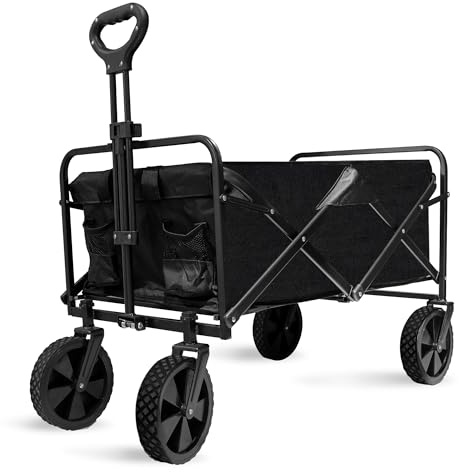 Alivio Heavy Duty Folding Wagon Cart Large, Collapsible Outdoor Garden Trolley with Adjustable Handle for Holiday Shopping Outdoor Camping Garden Beach 70 x 48 x 50cm (Black)