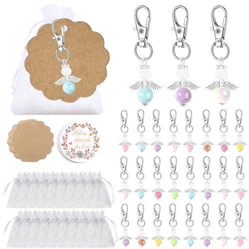 HTTYHT Schutzengel Anhänger 30 Stück Gastgeschenke Schutzengel Schlüsselanhänger Perlenengel Anhänger Engelanhänger mit Organza Beutel Kraftpapier Anhänger für Hochzeit Taufe Mitbringsel Weihnachten