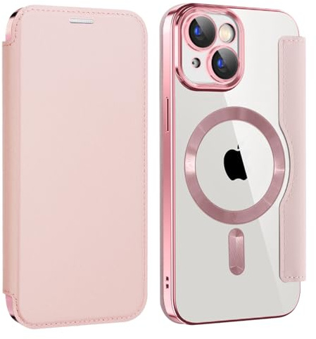 Unichthy Magnetic Flip Case for iPhone 15 Clear Cover |RFID Blocking| Wallet Purse Shockproof Leather Stand Cover Individual Protection for Each Lens Phone Skin for iPhone 15 Pink