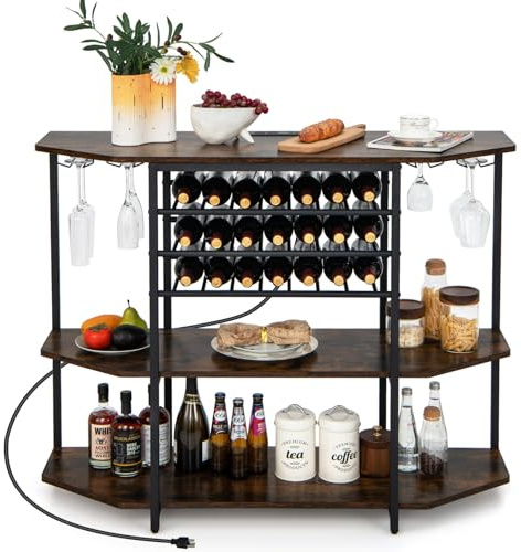 GIANTEX Aparador con Botellero para 21 Botellas, Estantería de 3 Niveles con Portavasos, Mueble Auxiliar con 2 Puertos USB y 2 Enchufes, 120 x 40 x 92 cm, para Bar, Comedor (Marrón)