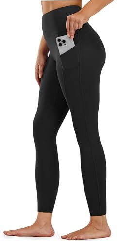 Persit Sport Leggings Damen mit Taschen High Waist Blickdicht Sporthose Yogahose Lang Laufhose Gym Leggins Tights Schwarz 64cm L