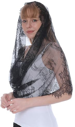 JEXOWIQ schleier lang - 1 pcs Schwarzer Spitzenschleier, Damen Mantilla Schleier Spitze Kapelle Schal Stola Kopfbedeckung Elegant und schönSpitze Schwarz Für Massenhochzeits