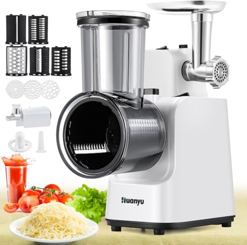 Huanyu Grattugia elettrica per formaggio Affettaverdure elettrico multifunzionale con 5 lame 250W Insalatiera elettrica e tritacarne Grattugia elettrica per frutta, verdura e formaggio (bianco)