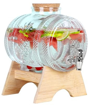 Inscrip Dispenser per Bevande in Vetro Con Rubinetto a Tenuta Stagna e Supporto in Legno - Contenitore per Bevande Fredde per Frigorifero, Tè