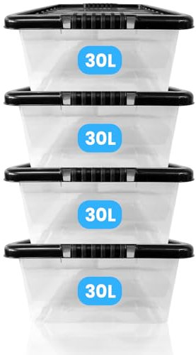 KAPCO 4 x 30L Under Bed Storage Box with Black Lid | Medium, Stackable, Multipurpose Clear Plastic Storage Boxes for Home & Office | Ideal Underbed Storage Tubs | 50 x 40 x 19cm | 30 Litre