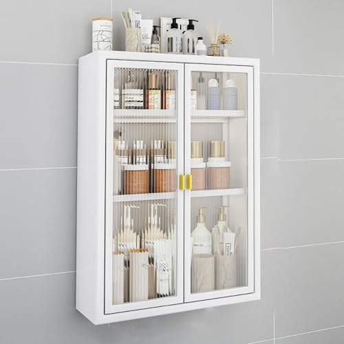 Medizinschrank aus Metall, Badezimmerschrank zur Wandmontage mit Glastüren, Badezimmer-Wandschrank über der Toilette, Hängeschrank für Badezimmer, Küche, Waschküche, Schlafsäle (weiß, 50 x 1