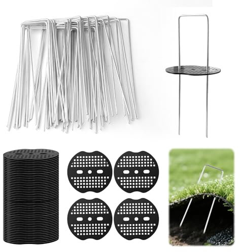 Unkrautvlies Haken, Kunstrasen Outdoor, 50 Stück Erdanker Unkrautvlies mit 50 Unterlegscheiben, Ediesi Heringe Erdnägel Stabil, Bodenanker, Zelthaken für Garten, Mulch und Kunstrasen, (150x40x3mm)
