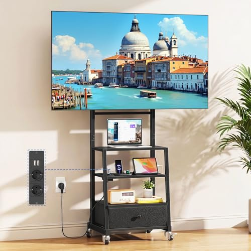 OYRREU Supporto TV da Pavimento per 32-75 Pollici con Presa di Corrente e USB, Mobile TV con Ruote con 3 Ripiani e Cassetto, Altezza Regolabile, VESA 600x400 mm, Carico 50 kg, Nero
