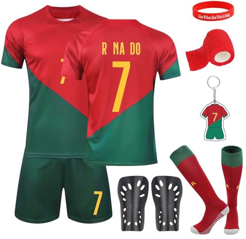 Ensemble de Football pour Enfants avec Maillot n° 7, Short, Protège-Tibias, Chaussettes et Porte-Clés pour Garçon