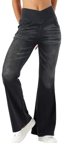 Panegy Dam High V Cross Jeans - storlek utsvängda byxor stövlar elastisk utsvängd passform yoga byxor tvättade jeans strumpbyxor, Färg: grå, L