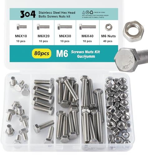 GuoYomm Set di 80 viti a testa esagonale M6, in acciaio inox 304, bulloni e dadi, viti a macchina, lunghezza: 10 mm, 20 mm, 30 mm, 40 mm