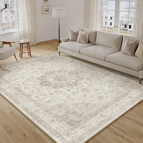 PureCozy Vintage Beige Teppich Wohnzimmer 160x230cm Schlafzimmer Wohnzimmerteppich Boho Waschbarer Carpet Weich rutschfest Teppiche Esszimmer Büro Kurzflor Groß Tepich