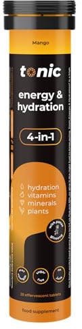 Tonic Health Energy and Hydration Tablets - 15 Vitamins, Minerals, Plants with Panax Ginseng, No Sugar Effervescent Multivitamins - Rehydration Electrolytes Tablets, Mango 20 Count