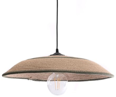 LUSSIOL - Luminaria Saya, Suspensión de tela y yute, pantalla de diam. 50 cm, Naturaleza y verde, Cable negro, casquillo E27