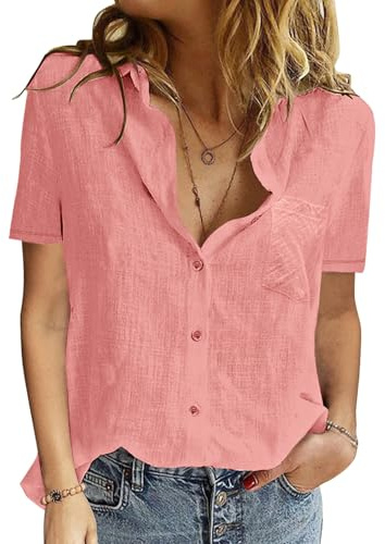 Yuson Flicka damblus sommar chiffong blusar toppar v-ringad kortärmad damtoppar elegant solid färg lös passform vardagliga t-shirts, En rosa, XXL
