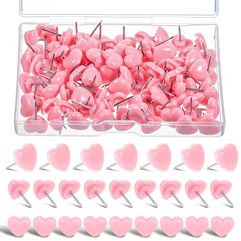 100Pcs Pink Heart Push Pins, 0.47 Cute Thumb Tacks for Wall, Reusable Push Pins for Cork Board, Bulletin Board, Photos, Notes & Wall Decor, Decorative Thumb Tacks (Square Box)