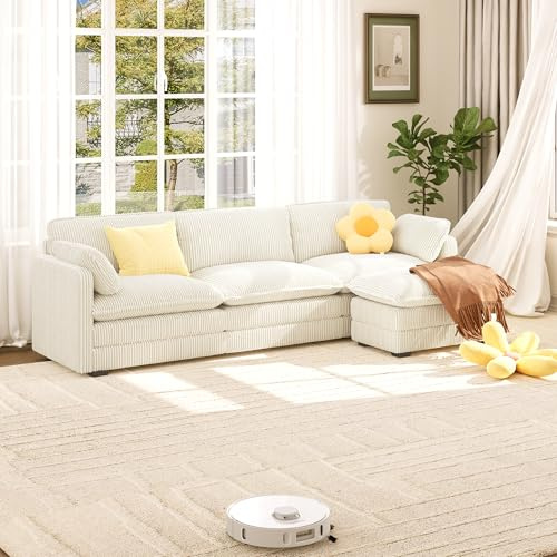Xbro Divano Modulare a L 3 Posti con Pouf, Divano Cloud in Tessuto a Coste, Seduta Profonda e Morbida, Rivestimento Sfoderabile, Salvaspazio per Soggiorno o Camera, Beige
