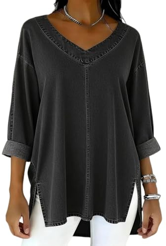 Camisa Vaquera Lisa de Manga Tres Cuartos con Cuello en V y Dobladillo Enrollable para Mujer, Modelo 2026. Blusa Tipo túnica Informal de Mezclilla con Abertura Irregular.