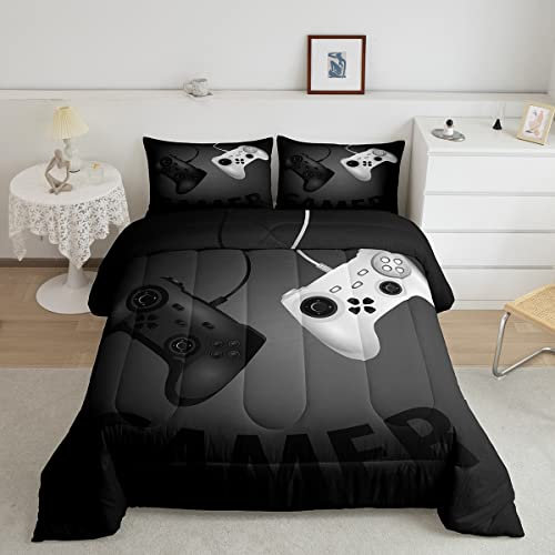 Loussiesd Gamer Duvet for Boys Teens Gamepad Black Grey Gaming Duvet Insert Kids Toddler Youth Game Controller Quilted Down Single Size