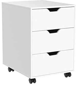 Bürocontainer mit 3 Schubladen, Rollcontainer unter Schreibtisch,Büroschrank für Dokumente, auch als Druckertisch, mobiler Aktenschrank aus MDF (Nicht Abschließbar, Weiß)