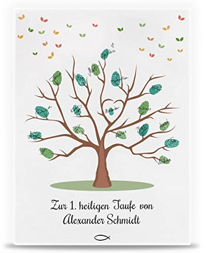 GRAVURZEILE Personalisierte Leinwand zur Taufe als Gästebuch - Fingerabdruck der Gäste - Größe 30 x 40 - Platz für 70 Fingerabdrücke - Tolle Geschenkidee für Mädchen & Jungen