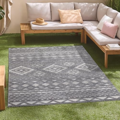 Inomhus och utomhusmatta – kvadratisk 150 x 150 cm – för inomhus- och utomhusbruk – väderbeständig balkongmatta, terrass, hall, kök – vardagsrumsmattor – högdjup/3D-effekt – etnisk look i antracit