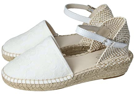 MADE IN SPAIN 223 Alpargatas ESPARDEÑAS para COMUNIÓN o Ceremonia de Lona Blanca con Flores pegadas Beig de Maredas Espadrilles Hechas en Caravaca de la Cruz, España NIÑA Zapato COMUNIÓN