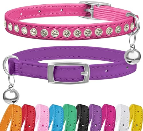 Petinstinct Collier pour Chat (Lot de 2) avec Clochette, Strass, Cuir PU et Sangle Élastique, Taille Réglable 19–29 cm, pour Chat ou Chaton, Rouge Rosé et Violet