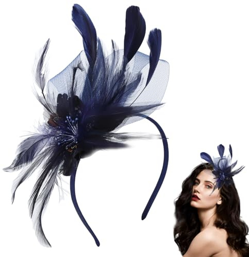 Utsökt hätta brud huvudbonad fjäder nät hårtillbehör falska blommor huvud blommor retro fascinatorer hatt blomma nätband fjädrar på ett pannband bröllop bal kvinnor flickor (marinblå)