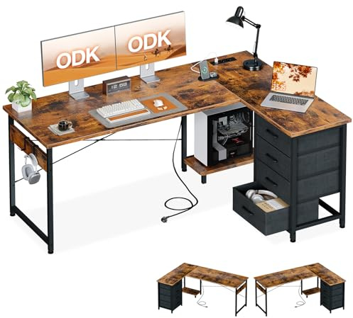 ODK Hörnskrivbord med 4 Tyglådor, 155x110cm, Vintage Trä | 4 Förvaringslådor, L-formigt Bord med Hyllor, Reversibel Design, USB och Inbyggda Eluttag för Hemmakontor