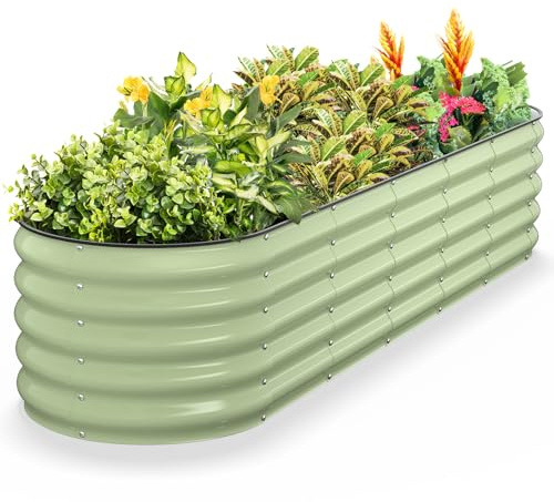 Kesfitt Raised Garden Bed, Metal Galvanized Steel Oval Garden Bed 8x2x1.5 ft with 18-Inch Deep Open-Bottom Design for Outdoor Vegetable Gardening, Fruit Green