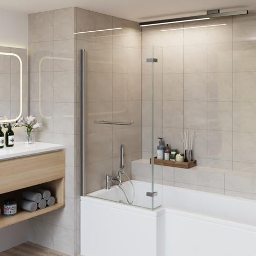 Aquariss 810x1400mm Square Bath Shower Screen 2 Folding Bifold 6mm Safety Glass Easy Clean Panel Frameless 180 Degree Pivot Screen Chrome with Towel Rail