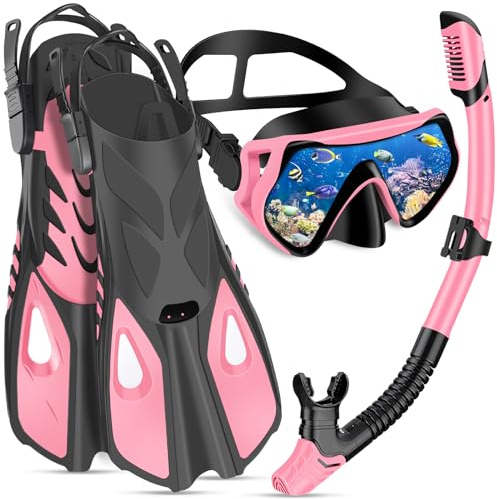 IEEILULU Set da Snorkeling per Adulti, Set di Boccaglio con Maschera Subacquea, Snorkel Semi Asciutto e Pinne Regolabili, Set da Immersione per Adulti Snorkeling Avventura Subacquea (Pink, L/XL)