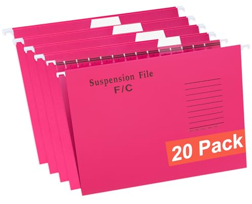 GUOKOFF Foolscap Suspension Files, 20PCS FC Filing Cabinet Suspension File with Tabs and Inserts, FC Hanging Filing Folders, Filing Cabinet Dividers, Pink
