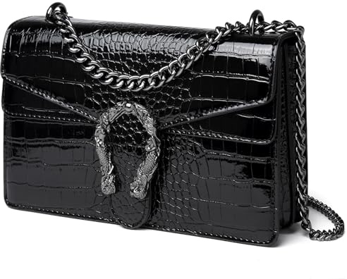 Travistar Women's Black Snake Print PU Leather Crossbody Satchel Handbag, 25x15x8cm, 3 Compartments, Chain Strap