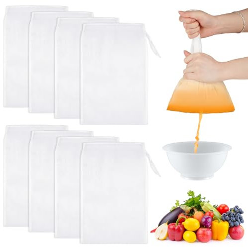 Lot de 8 sacs à lait de noix en nylon réutilisables avec cordon de serrage pour fromage, café, yaourt, jus de fruits, jus de légumes (30 x 20 cm)