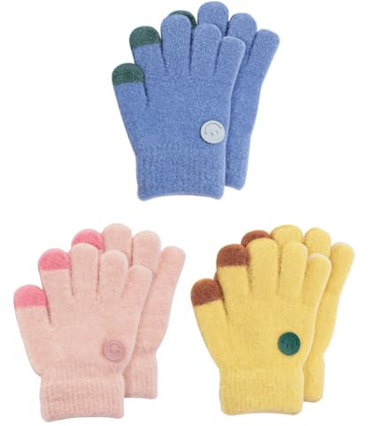 Aolso 3 PCS Winter Kinderhandschuhe, Winter Magische Handschuhe, Warme Kinder Strickhandschuhe, Kinder Dehnbare Warme Magische Handschuhe & Fäustlinge Jungen oder Mädchen(Blau, Gelb, Rosa)