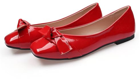 MISSUIT Women's Patent Leather Ballet Flats Square Toe Bow Slip On Pumps(Red,5.5)