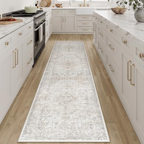 PureCozy Vintage Alfombra Lavable de Pasillo Beige 60x240cm Antideslizante de Pelo Corto Suave Bohemio Crema para Cocinas, Pasillos, Salones, Dormitorios, Alfombras de Cama, Oficinas, Alfombras Retro