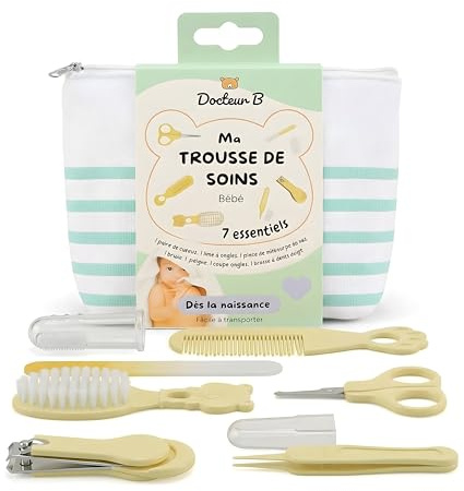 Docteur B – Astuccio per la cura del bambino con 7 essenziali, tagliaunghie, forbici sicure, pennello, pettine, lima, pinzetta naso | fin dalla nascita | kit da toilette portatile | astuccio a righe
