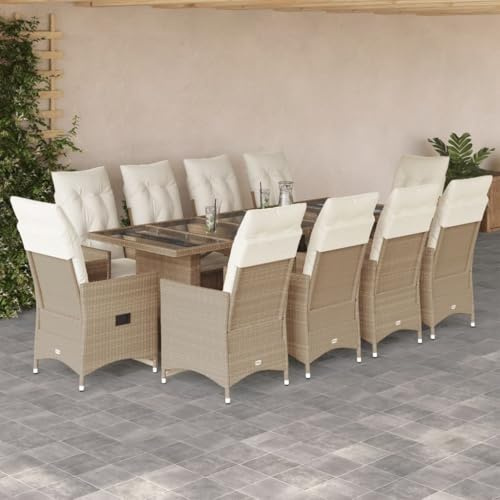 Ziaphsol Ensemble bistro de jardin 11 pièces en polyrotin avec fauteuils de relaxation réglables, résistants aux UV, avec coussins, meubles d'extérieur pour balcon et terrasse Beige