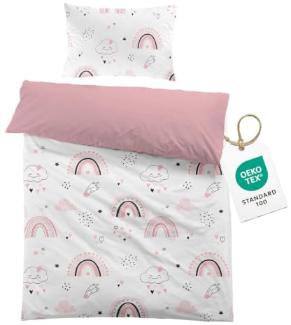 CINYE Kinderbettwäsche Rosa Regenbogen – 2 teiliges Set aus Bettbezug 100x135cm + Kissenbezug 40x60cm für Baby/Mädchen/Kind,Bettwäsche Set mit Regenbogen und Wolken Motiven,100% Mikrofaser