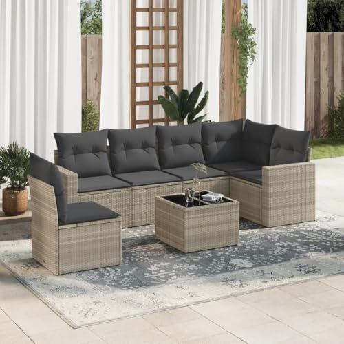 GeenYuu Salon de Jardin modulable 7 pcs Gris Clair en résine tressée avec Coussins rembourrés, Banquette Angle et Milieu, Table avec Verre trempé pour terrasse Balcon et véranda