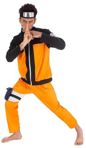 Chaks - Costume Naruto pour homme, tenue Naruto officielle, 5 pièces, haut, pantalon et accessoires, carnaval, Comic Con et cosplay, Naranja, Negro